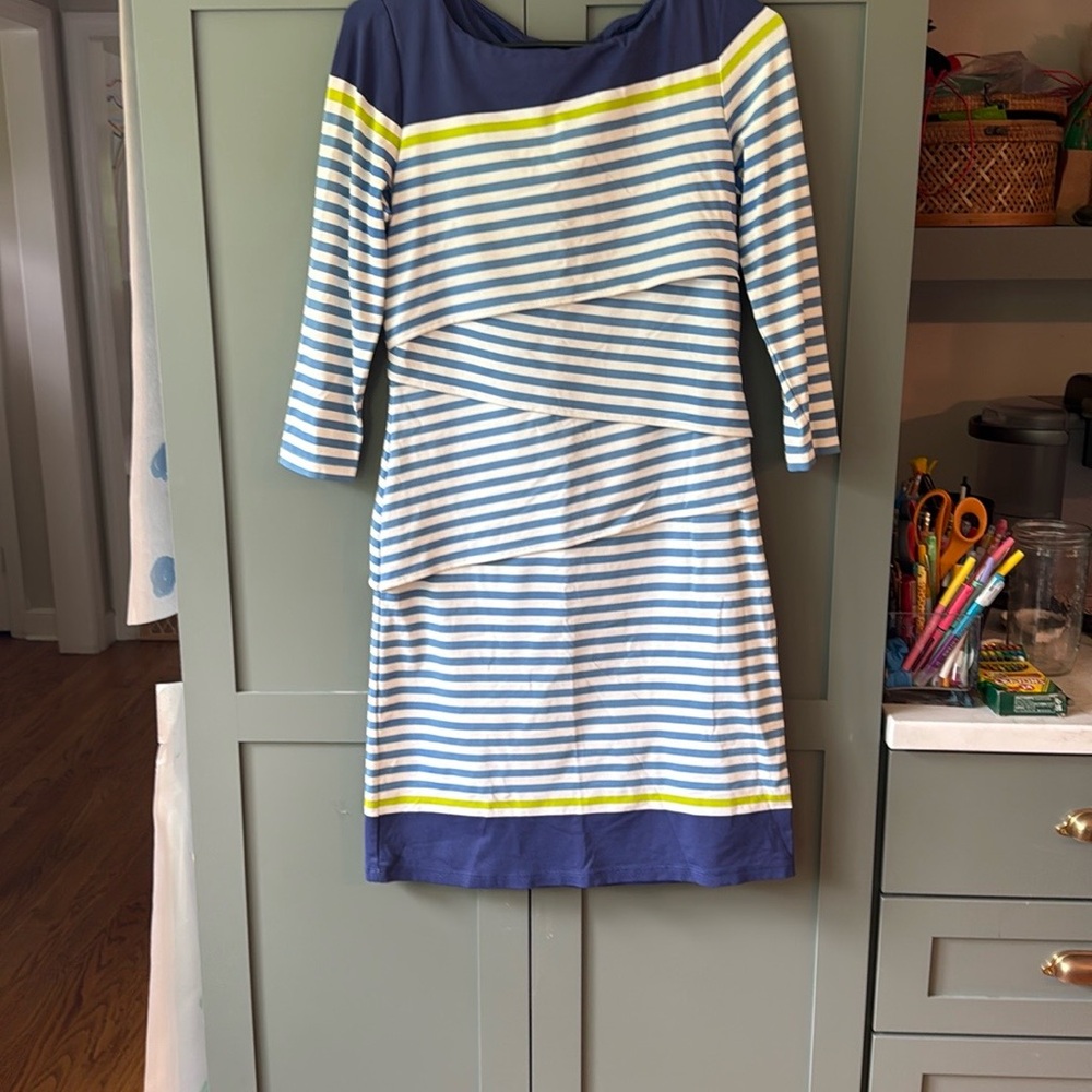 J. McLaughlin Blue and Lime Striped Dress. Catalina cloth tiered dress.